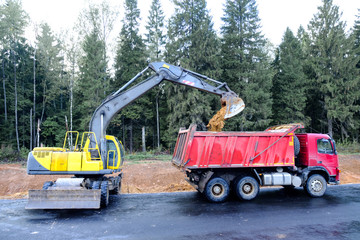 The wheel excavator loads the earth with a bucket to the body of a multi-ton dump truck on the construction site