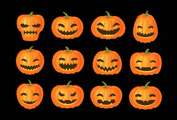 Funny pumpkins, set. Halloween symbol. Cartoon vector illustration
