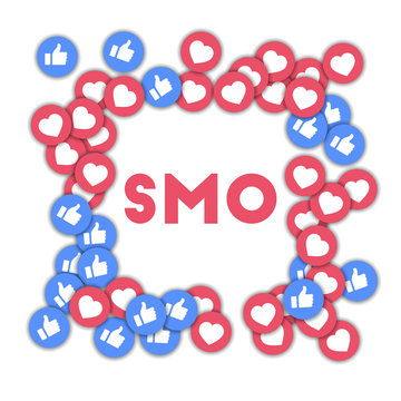 SMO. Social media icons in abstract shape background with scattered thumbs up and hearts. SMO concep