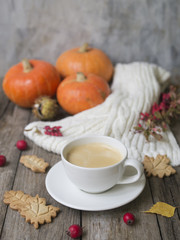 Fototapeta na wymiar Coffee cup, knitted scarf, dry leaves, cookies, pumpkin, chestnuts, hawthorn and barberry fruits on a wooden background. Concept cozy atmosphere with a cup of coffee. Copy space, selective focus