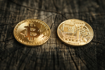 bitcoin on a wooden background