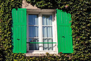 Fototapeta na wymiar Old house facade with green shutter in Paris