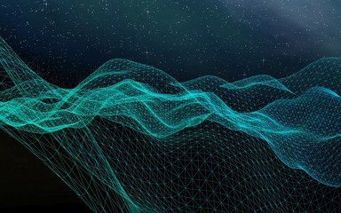 Star horizon. Abstract landscape on a dark background. Cyberspace grid. Hi-tech network. Outer space. Starry outer space texture. 3D illustration