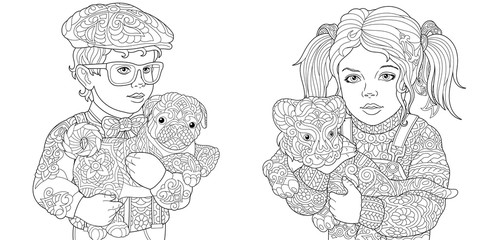 Coloring pages with boy and girl holding baby animals