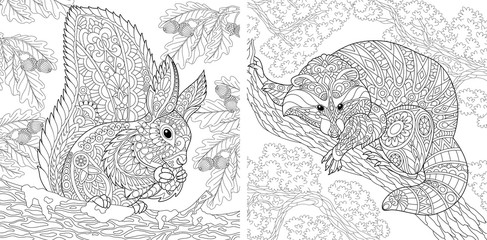 Coloring pages with squirrel and raccoon © Sybirko