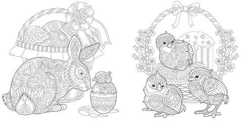 Easter coloring pages with bunny and chicks