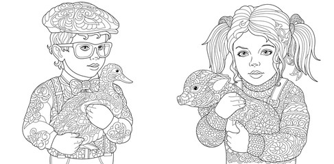 Fototapeta na wymiar Coloring pages with kids holding duck and pig