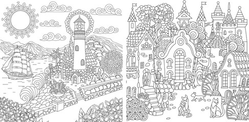 Coloring pages with light house and fantasy town