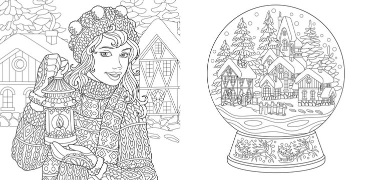 Coloring pages with winter girl and magic snow ball