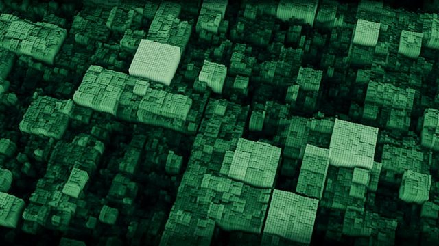 Abstract futuristic cubic surface 3D animation loop. Bright green voxel grid particle blocks moving up and down in seamless waves. Technology, information and future concept background.