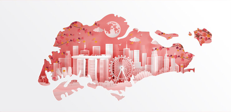 Welcome to Singapore with map concept in autumn season with falling leaves and Singapore famous landmarks in paper cut style vector illustration. Travel poster, postcard and advertising design.