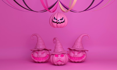 Smiling pink balloons pumpkin with ribbon and pumpkin head jack o lantern with witches hat , Design creative concept for  happy Halloween festival, 3D rendering illustration.