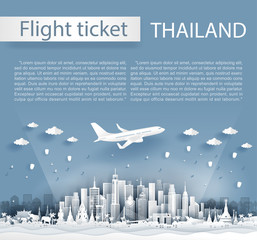 Flight and ticket advertising template with travel to Thailand concept, Thailand famous landmarks in paper cut style vector illustration