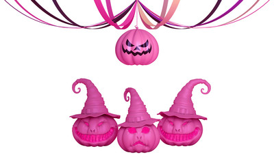 Smiling pink balloons pumpkin with ribbon and pumpkin head jack o lantern with witches hat , Design creative concept for  happy Halloween festival, isolated on white background. 3D render.