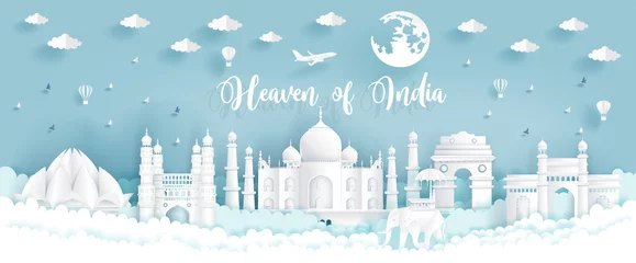 Fotobehang Heaven of India with India famous landmarks in paper cut style vector illustration.  © ChonnieArtwork 
