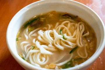 Kalguksu is a noodle dish made by cutting noodles from wheat-flour dough that has been rolled evenly thin.