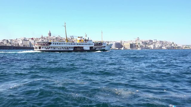 4k view of the passage of a passenger ship through the waters of the Bosphorus. Istanbul, Turkey