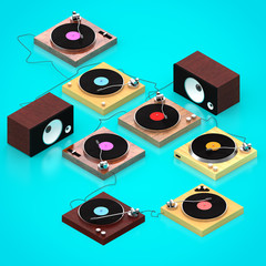 Several Turntables and Speakers set out in an isometric arrangement - 225114938