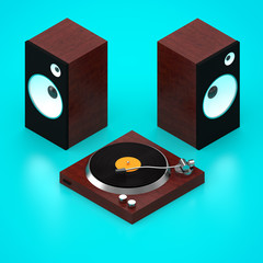 A turntable and Speakers set out in an isometric arrangement - 225115507