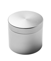 Metal can for tea packaging isolated on white background