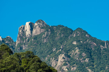 unique peaks covered with green forest under the blue sky at mount Sanqing geo Park