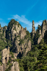 unique peaks covered with green forest under the blue cloudy sky at mount Sanqing geo Park