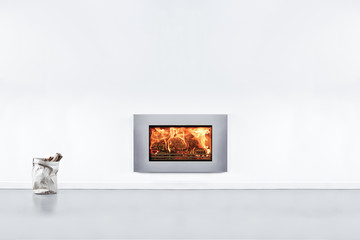 Living room interior with fireplace in contemporary home