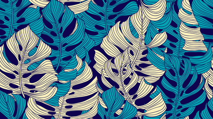 Floral seamless pattern, blue and yellow split-leaf Philodendron plant on dark blue background, line art ink drawing © momosama
