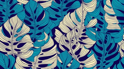 Gordijnen Floral seamless pattern, blue and yellow split-leaf Philodendron plant on dark blue background, line art ink drawing © momosama