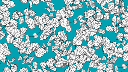 Floral seamless pattern, black and white Silver Dollar Eucalyptus leaves on blue background, line art ink drawing