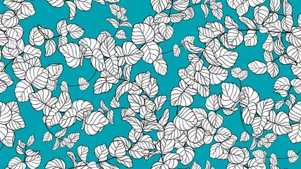 Fotobehang Floral seamless pattern, black and white Silver Dollar Eucalyptus leaves on blue background, line art ink drawing © momosama