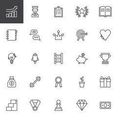 Motivation outline icons set. linear style symbols collection, line signs pack. vector graphics. Set includes icons as Business growing graph, Student, Piggy bank, Trophy, Money bag, Medal, Plant