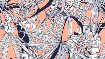 Motif floral harmonieux, Philodendron à feuilles fendues et feuilles de palmier sur fond orange, dessin à l& 39 encre d& 39 art en ligne