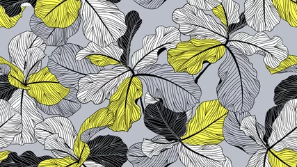 Fotobehang Floral seamless pattern, fiddle leaf fig on grey background, line art ink drawing, yellow and black tones © momosama