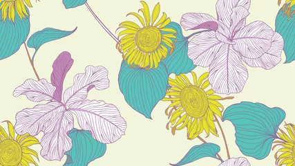 Zelfklevend Fotobehang Floral seamless pattern, colorful fiddle leaf fig and sunflower on light yellow background, line art ink drawing © momosama