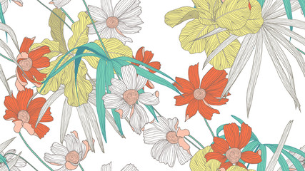 Naklejki  Kwiatowy wzór, kolorowe skrzypce liść figi, liście palmowe i kosmos kwiaty na białym tle, rysunek atramentem linii