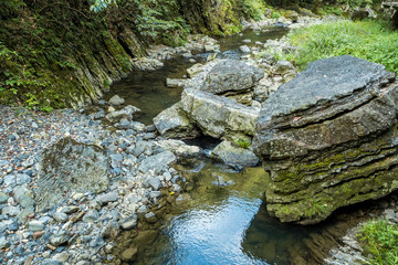 water running through the rocky creek with rocks covered in green mosses