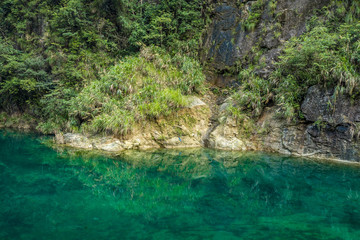 Naklejka premium clear green water in the creek at the bottom of a cliff