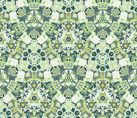 Kaleidoscope abstract seamless pattern, background. Composed of geometric shapes in green. Useful as design element for texture and artistic compositions.