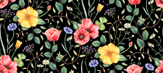 Panele Szklane  Seamless floral pattern with wildflowers and herbs: poppy, chamomile, cornflower and others. Hand drawn watercolor illustration for fabric, wrapping, wallpapers and other design. 