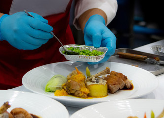 Chef preparing food, meal, in the kitchen, chef cooking, Chef decorating dish, closeup, .chef at work.