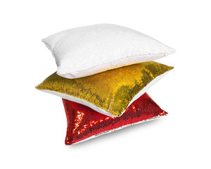 Fashion pillow isolated on white background. Shiny cushion for interior decor. Clipping paths object.