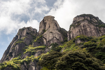 Fototapeta na wymiar unique rock formation covered with forest on the three peaks of Mount Sanqing under the cloudy blue sky