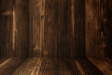 Grunge dark wood background wall and floor. wooden texture. surface, display backdrop, put product.