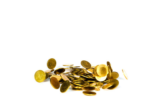 Falling gold coin, flying coin, rain money isolated on white background, business and financial wealth and take profit concept.
