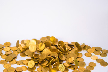 Movement of falling gold coin, flying coin, rain money with soft shadow on white background, business and financial wealth and take profit concept.