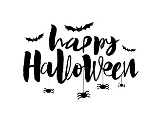 Happy halloween calligraphic card. Modern black inscription and decorative illustration of spiders and bats on a white background. Vector handwritten lettering for banner, sticker, label, card, flyer.