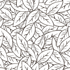 Seamless abstract background with leaves in black on white background.