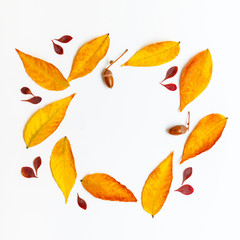 Fototapeta premium Autumn composition with golden maple and oak leaves on white background. Autumn frame. Flat lay. Copy space.