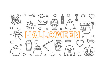 Halloween vector line horizontal banner or Holiday illustration